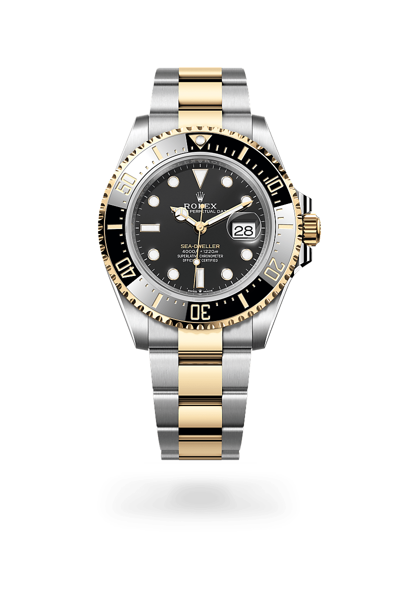 el bisel giratorio unidireccional graduado 60 minutos del sea-dweller permite visualizar los tiempos de inmersión y descompresión con total seguridad. está equipado con un disco de bisel cerachrom negro patentado y fabricado por rolex en una cerámica prácticamente imposible de rayar o alterar por los rayos ultravioleta. la graduación se obtiene por pvd (physical vapour deposition) de una fina capa de oro. la sobria esfera negra aloja grandes índices y agujas chromalight, recubiertas de un material luminiscente de larga duración, que emite un color azul, para una excelente legibilidad en la oscuridad.